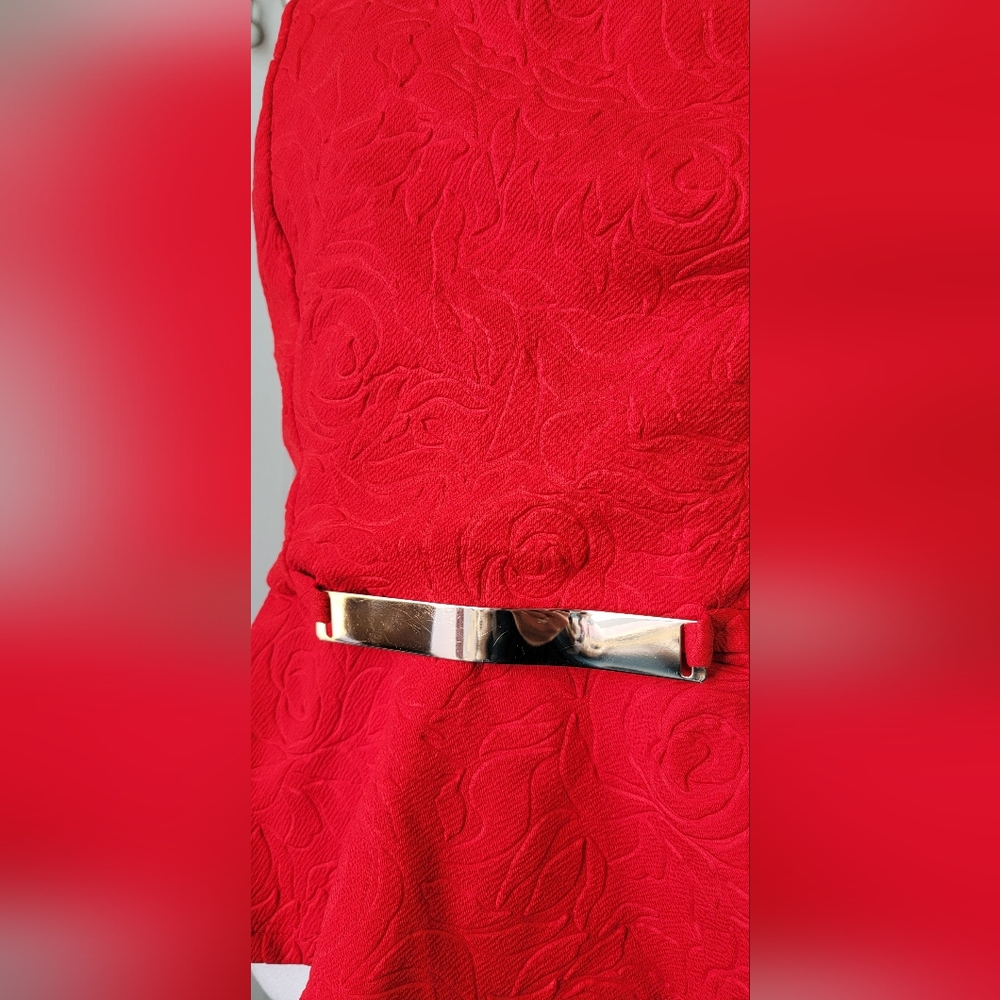 Y2K Strapless Peplum Top w/ Gold Wa Accent Womens 1X Red Embossed Rose By Blush - Picture 7 of 10